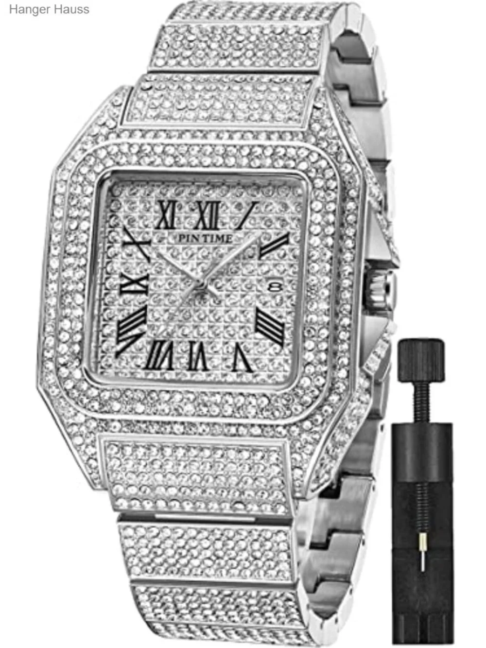 Iced Out Hip Hop Men's Crystal Watch Rectangle Case Stainless Steel Quartz